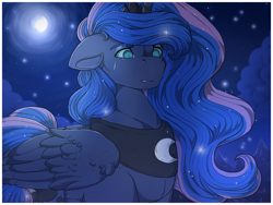 Size: 1280x960 | Tagged: safe, artist:binibean, princess luna, alicorn, pony, g4, crying, female, floppy ears, full moon, mare, masculine mare, moon, night, slit pupils, solo