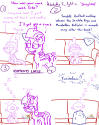 Size: 4779x6013 | Tagged: safe, artist:adorkabletwilightandfriends, spike, twilight sparkle, alicorn, dragon, pony, comic:adorkable twilight and friends, g4, adorkable, adorkable twilight, american football, blanket, climbing, comic, couch, cute, cute little fangs, dork, endearing, family, fangs, female, food, glass, glowing, glowing horn, happy, hoofball, horn, levitation, love, magic, magic aura, male, mama twilight, mare, muffin, sitting, sleeping, sleepy, snack, snoring, spikabetes, spikelove, sports, sweet dreams fuel, telekinesis, television, tired, twiabetes, twilight sparkle (alicorn)