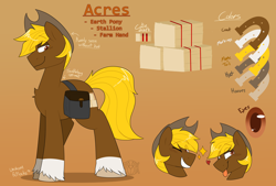 Size: 3000x2030 | Tagged: safe, artist:2k.bugbytes, oc, oc only, oc:acres, earth pony, pony, bag, chest fluff, cowboy hat, floating heart, grin, hat, heart, high res, male, reference sheet, saddle bag, smiling, solo, sparkles, stallion, stetson, text, tongue out, unshorn fetlocks