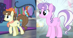 Size: 1312x690 | Tagged: safe, screencap, diamond tiara, pegasus olsen, peggy holstein, strawberry ice, earth pony, pony, fake it 'til you make it, g4, comparison, female, hat, jewelry, mare, older, older diamond tiara, palette swap, raised hoof, recolor, smiling, tiara