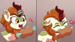 Size: 1920x1080 | Tagged: safe, artist:pabbley, edit, autumn blaze, kirin, g4, 2 panel comic, awwtumn blaze, biting, bust, chomp, comic, cute, cute little fangs, eating, exclamation point, eyes closed, fangs, female, floating heart, floppy ears, food, gradient background, heart, levitation, magic, meat, nom, omnivore, open mouth, open smile, ponies eating meat, smiling, solo, telekinesis, wallpaper, wallpaper edit