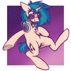 Size: 2000x2000 | Tagged: safe, artist:adilord, dj pon-3, vinyl scratch, pony, unicorn, g4, bipedal, bipedal leaning, chest fluff, female, glasses, headphones, high res, leaning, leaning back, mare, night, night sky, simple background, sky, solo, stars, underhoof, vinyl's glasses