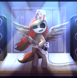 Size: 2940x2982 | Tagged: safe, artist:opal_radiance, oc, alicorn, pony, buckethead, electric guitar, guitar, high res, musical instrument, performer, solo, stage