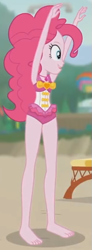Size: 303x824 | Tagged: safe, screencap, pinkie pie, human, equestria girls, friendship math, g4, my little pony equestria girls: better together, armpits, arms in the air, barefoot, clothes, cropped, cute, diapinkes, feet, female, hands in the air, legs, one-piece swimsuit, open mouth, open smile, pinkie pie swimsuit, sleeveless, smiling, solo, swimsuit