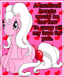 Size: 780x928 | Tagged: safe, artist:noelle23, oc, oc only, earth pony, pony, g3, 2010, blushing, bow, dialogue, female, heart, heart background, heart eyes, mare, sitting, smiling, solo, tail, tail bow, valentine's day card, wingding eyes