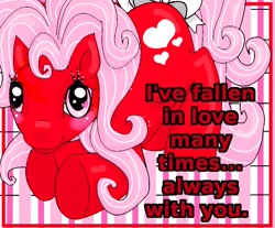 Size: 878x726 | Tagged: safe, artist:noelle23, oc, oc only, earth pony, pony, g3, 2010, ass up, blushing, female, heart, heart eyes, looking at you, mare, smiling, smiling at you, solo, valentine's day card, wingding eyes