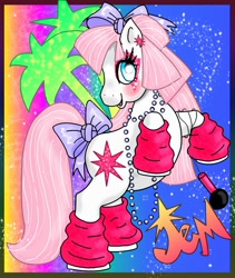 Size: 1689x2000 | Tagged: safe, artist:noelle23, earth pony, pony, g3, blushing, bow, clothes, ear piercing, earring, female, jem, jem and the holograms, jewelry, leg warmers, mare, necklace, open mouth, open smile, piercing, ponified, rearing, smiling, solo, sparkles, tail, tail bow