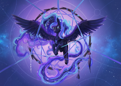 Size: 2283x1614 | Tagged: safe, artist:dalagar, princess luna, alicorn, pony, g4, commission, commissioner:shaddar, cute, dream walker luna, dreamcatcher, dreamcaught luna, female, lunabetes, mare, palindrome get, peytral, solo, spread wings, sternocleidomastoid, wings