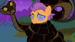 Size: 1181x677 | Tagged: safe, artist:ocean lover, edit, tender taps, earth pony, pony, python, snake, g4, animated, coils, colt, cute, disney, everfree forest, foal, forest, gif, hypno eyes, hypnosis, hypnotized, kaa, kaa eyes, male, night, purple hair, smiling, stars, tree, wrapped up