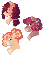 Size: 2625x3375 | Tagged: safe, artist:chesshire-code, oc, oc only, earth pony, pony, unicorn, androgynous, broken horn, candy, candy in hair, coat markings, female, food, freckles, grin, high res, horn, mare, offspring, parent:big macintosh, parent:cheese sandwich, parent:pinkie pie, parent:sugar belle, parents:cheesepie, parents:sugarmac, simple background, smiling, transparent background, trio