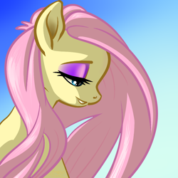 Size: 1080x1080 | Tagged: safe, artist:annacurser, fluttershy, pegasus, pony, g4, bust, eyeshadow, female, gradient background, lidded eyes, makeup, mare, profile, smiling, solo
