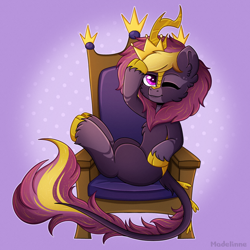 Size: 2500x2500 | Tagged: safe, artist:madelinne, oc, oc only, kirin, commission, crown, high res, jewelry, kirin oc, leonine tail, regalia, simple background, sitting, solo, tail, throne