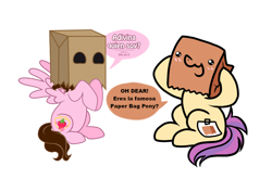 Size: 1148x758 | Tagged: safe, artist:paperbagpony, artist:shinta-girl, oc, oc:paper bag, oc:shinta pony, bag, blushing, collaboration, dialogue, fake cutie mark, oh dear, paper bag, simple background, spanish, translated in the comments, white background