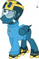 Size: 4000x6100 | Tagged: safe, alternate version, artist:melisareb, part of a set, cyclops, cyclops pony, pegasus, pony, g4, .svg available, absurd resolution, alphabet lore, bald, clothes, crossover, dock, gem, gold, hairless, helmet, male, o, one eyed, roller skates, simple background, skates, solo, species swap, stallion, super o, sweater, tail, transparent background, vector, wat, wings