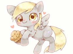 Size: 1024x768 | Tagged: safe, artist:rokka, derpy hooves, pegasus, pony, g4, blushing, cute, derpabetes, female, food, heart, mare, muffin, simple background, solo, white background