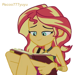 Size: 652x628 | Tagged: safe, artist:paco777yuyu, edit, edited screencap, screencap, sunset shimmer, human, equestria girls, equestria girls specials, g4, my little pony equestria girls: better together, my little pony equestria girls: forgotten friendship, background removed, bare shoulders, barefoot, book, chill, feet, female, fetish, foot fetish, reading, relaxing, simple background, sleeveless, solo, sunset, transparent background