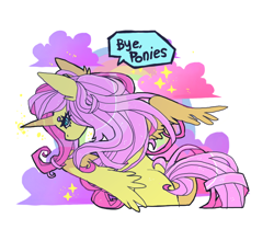 Size: 964x850 | Tagged: safe, artist:cutesykill, fluttershy, alicorn, pony, g4, alicornified, butt tail, cloud, dot eyebrows, fluttercorn, partially open wings, race swap, side view, simple background, solo, sparkles, speech, speech bubble, talking, text, white background, wings