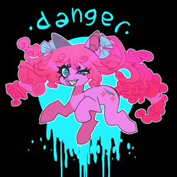 Size: 850x850 | Tagged: dead source, safe, artist:cutesykill, pinkie pie, earth pony, pony, g4, alternate cutie mark, alternate hairstyle, beanbrows, black background, blue background, bow, creepy, cyan background, danger, dot eyebrows, eyebrows, eyestrain warning, female, grin, hair bow, knife, mare, pigtails, shaped pupils, sharp teeth, simple background, smiling, solo, teeth, text