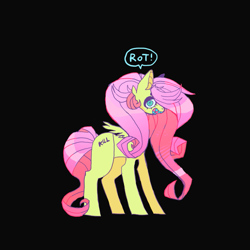 Size: 907x907 | Tagged: safe, artist:cutesykill, fluttershy, pegasus, pony, g4, alternate cutie mark, black background, colored teeth, creepy, looking at you, sharp teeth, side view, simple background, small wings, solo, speech, speech bubble, talking, teeth, text, wings