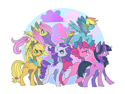 Size: 1280x961 | Tagged: safe, artist:cutesykill, applejack, fluttershy, pinkie pie, rainbow dash, rarity, twilight sparkle, earth pony, pegasus, pony, unicorn, g4, alternate cutie mark, alternate eye color, bandana, cloud, dot eyebrows, eyes closed, flying, mane six, missing accessory, side view, simple background, smiling, unicorn twilight, walking, white background, wrong eye color