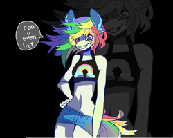 Size: 1208x964 | Tagged: safe, artist:cutesykill, rainbow dash, rainbow dash (g3), anthro, g3, g4, black background, clothes, female, midriff, shorts, simple background, smiling, solo, sports bra, text
