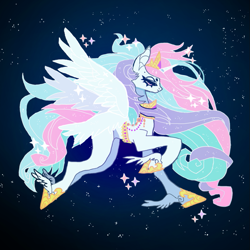 Size: 907x907 | Tagged: safe, artist:cutesykill, princess celestia, alicorn, pony, g4, crown, dot eyebrows, female, fetlock wings, flying, hoof shoes, jewelry, lidded eyes, mare, multiple wings, night, night sky, peytral, princess, regalia, side view, sky, solo, space, sparkles, spread wings, stars, tiara, wings