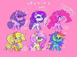Size: 986x737 | Tagged: safe, artist:cutesykill, applejack, fluttershy, pinkie pie, rainbow dash, rarity, twilight sparkle, alicorn, earth pony, pegasus, pony, unicorn, g4, alternate cutie mark, alternate eye color, bandana, basket, cake, cherry, chibi, cloud, cupcake, dot eyebrows, ear piercing, earring, eyeshadow, female, flower, food, freckles, frown, hand mirror, inkwell, jewelry, leaf, leaves, makeup, mane six, mare, mirror, missing accessory, piercing, pink background, quill, side view, simple background, smiling, sparkles, spread wings, standing, text, twilight sparkle (alicorn), wings, wrong eye color