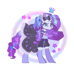 Size: 1120x1074 | Tagged: safe, artist:cutesykill, rarity, pony, unicorn, g4, bow, choker, clothes, crescent moon, dot eyebrows, dress, female, girly, lace, looking at you, mare, moon, simple background, solo, standing, stars, stockings, thigh highs, white background