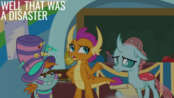 Size: 2000x1125 | Tagged: safe, edit, edited screencap, editor:quoterific, screencap, ocellus, smolder, snips, changedling, changeling, dragon, pony, unicorn, 2 4 6 greaaat, g4, chalkboard, colt, foal, gramophone, hat, male, school of friendship, scroll