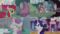 Size: 2000x1125 | Tagged: safe, edit, edited screencap, editor:quoterific, screencap, apple bloom, rarity, sweetie belle, earth pony, pony, unicorn, g4, sisterhooves social, belle sisters, carousel boutique, siblings, sihovi, sisters, statue, tree