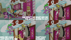 Size: 2000x1125 | Tagged: safe, edit, edited screencap, editor:quoterific, screencap, discord, spike, sugar belle, draconequus, dragon, pony, unicorn, g4, the big mac question, apple, bag, food, saddle bag, sugarcube corner, winged spike, wings