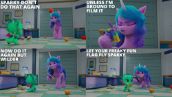 Size: 2000x1125 | Tagged: safe, edit, edited screencap, editor:quoterific, screencap, izzy moonbow, sparky sparkeroni, dragon, pony, unicorn, g5, growing pains, my little pony: make your mark, my little pony: make your mark chapter 2, spoiler:my little pony: make your mark, spoiler:my little pony: make your mark chapter 2, spoiler:mymc02e02, alliteration, baby, baby dragon, babysitting, bracelet, cellphone, duo, duo male and female, excited, eyes closed, female, food, friendship bracelet, frown, happy, izzy impaling things, jewelry, male, open mouth, open smile, paper, phone, playful, playing, police station, running, running around, smartphone, smiling, tomato