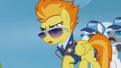 Size: 2160x1207 | Tagged: safe, screencap, spitfire, pegasus, pony, g4, wonderbolts academy, annoyed, clothes, drill sergeant, female, male, mare, necktie, needs more jpeg, spitfire's tie, stallion, suit, sunglasses, uniform, whistle, whistle necklace, wonderbolts dress uniform