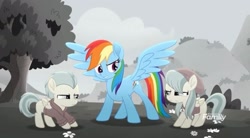 Size: 2160x1191 | Tagged: safe, screencap, barley barrel, pickle barrel, rainbow dash, pegasus, pony, g4, my little pony: rainbow roadtrip, annoyed, barrel twins, brother and sister, clothes, cloud, cute, flower, gray, hat, hill, hoodie, shirt, siblings, t-shirt, tree, twins
