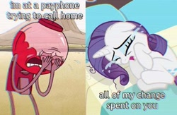 Size: 640x418 | Tagged: safe, edit, edited screencap, screencap, rarity, pony, unicorn, g4, benson, crossover, crossover shipping, crying, curled up, female, gumball machine, horn, male, regular show, shipping, song reference, straight