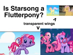 Size: 1000x758 | Tagged: safe, cheerilee (g3), rosedust, starsong, earth pony, flutter pony, pegasus, pony, g1, g3, g3.5, fairy wings, queen rosedust, species, species swap, theory, transparent wings, wings