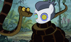 Size: 720x422 | Tagged: safe, artist:ocean lover, edit, rumble, pegasus, pony, python, snake, g4, animated, bush, coils, colt, disney, foal, forest, forest background, gif, hypno eyes, hypnosis, hypnotized, jungle, kaa, kaa eyes, male, snake tail, tail, tree, tugging, wrapped up