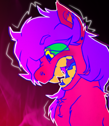 Size: 2369x2730 | Tagged: safe, artist:thatonefluffs, oc, oc:misanthropic misery, earth pony, pony, colorful, ear piercing, eyebrows, eyebrows visible through hair, fire, fluffy, high res, nose piercing, piercing, ponysona, sharp teeth, solo, teeth, vent art