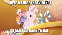 Size: 800x450 | Tagged: safe, edit, edited screencap, screencap, rabbit, g5, my little pony: tell your tale, the hunt for eggmund bunny, spoiler:g5, spoiler:my little pony: tell your tale, spoiler:tyts01e48, animal, bathroom, caption, crime, easter, easter egg, holiday, image macro, text, toilet