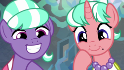 Size: 1280x720 | Tagged: safe, screencap, stepford ponies, pony, unicorn, g4, what lies beneath, beauty mark, duo, female, jewelry, mare, mole, necklace, nightmare cave, pearl necklace, smiling