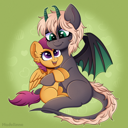 Size: 2500x2500 | Tagged: safe, artist:madelinne, scootaloo, oc, oc:maverick shadowclaw, bat pony, pegasus, pony, g4, bat pony oc, bat wings, cuddling, duo, female, filly, foal, happy, high res, horns, hug, simple background, wings