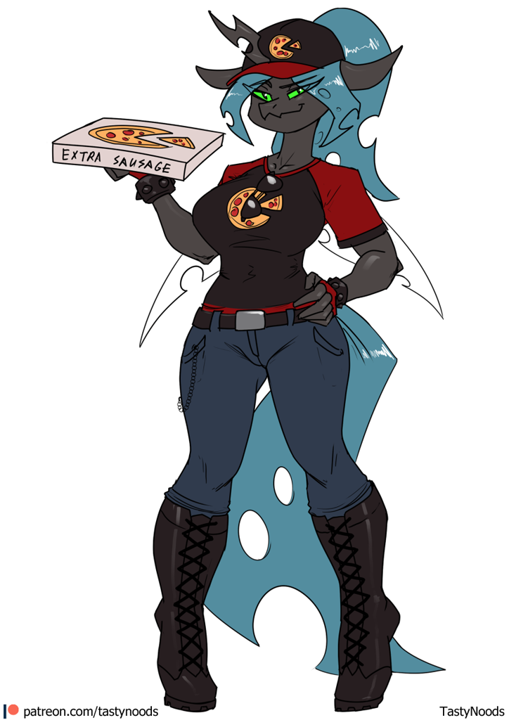 [anthro,baseball cap,boots,cap,changeling,changeling queen,clothes,glasses,hat,pizza box,queen chrysalis,safe,shoes,simple background,white background,pizza delivery,hand on hip,unguligrade anthro,artist:chrysalisdraws]