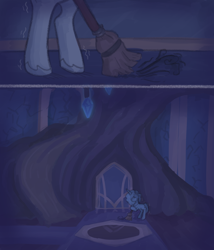 Size: 2284x2671 | Tagged: safe, anonymous artist, misty brightdawn, pony, unicorn, series:misty pov, g5, broom, female, high res, jewelry, mare, misty can't catch a break, misty deserves better, necklace, sad, shaking, skinny, sweeping, thin, unshorn fetlocks