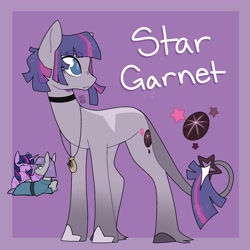 Size: 2000x2000 | Tagged: safe, artist:orionofthestars, maud pie, twilight sparkle, oc, oc:star garnet, alicorn, earth pony, pony, g4, blue eyes, body markings, choker, clothes, colored hooves, dress, earth pony oc, eyes closed, eyeshadow, female, gradient background, gradient legs, high res, jewelry, leonine tail, lesbian, looking back, lying down, magical lesbian spawn, makeup, mare, necklace, offspring, parent:maud pie, parent:twilight sparkle, parents:twimaud, pouch, purple background, shaped eyebrows, shipping, simple background, standing, tail, trio, twilight sparkle (alicorn), twimaud