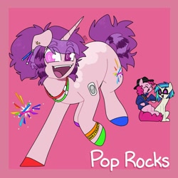 Size: 2000x2000 | Tagged: safe, artist:orionofthestars, dj pon-3, pinkie pie, vinyl scratch, oc, oc:pop rocks, earth pony, pony, unicorn, g4, body markings, bracelet, clothes, colored hooves, cute, cute little fangs, ear piercing, earring, fangs, female, floppy ears, glasses, glowstick, glowstick necklace, hat, heterochromia, high res, horn, jewelry, lesbian, looking at you, magical lesbian spawn, mismatched eyes, mismatched hooves, necklace, offspring, open mouth, parent:pinkie pie, parent:vinyl scratch, parents:vinylpie, piercing, pink background, pink eyes, purple eyes, rapper pie, scene hair, shipping, simple background, sitting, smiling, sweater, trio, unicorn oc, vinylpie