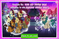 Size: 1961x1300 | Tagged: safe, gameloft, fall foliage, fern flare, maple brown, pumpkin smoke, river song, season sunshine, kirin, g4, my little pony: magic princess, advertisement, cloven hooves, collection, english, female, horn, male, mobile game, text