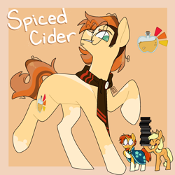 Size: 2000x2000 | Tagged: safe, artist:orionofthestars, applejack, sunburst, oc, oc:spiced cider, earth pony, pony, unicorn, g4, appleburst, applejack's hat, blaze (coat marking), blushing, body markings, cape, clothes, coat markings, cowboy hat, earth pony oc, eyes closed, facial markings, female, freckles, glasses, hat, high res, male, mare, offspring, orange background, parent:applejack, parent:sunburst, parents:appleburst, raised hoof, round glasses, scarf, scruff, shipping, sideburns, simple background, socks (coat markings), stallion, standing on two hooves, straight, striped scarf, strong, stubble, teal eyes, trio