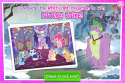 Size: 1958x1298 | Tagged: safe, gameloft, applejack, fluttershy, pinkie pie, rainbow dash, rarity, spike, twilight sparkle, alicorn, dragon, earth pony, pegasus, pony, unicorn, g4, my little pony: magic princess, advertisement, applejack's hat, candy, clothes, collection, cowboy hat, crown, english, ethereal mane, female, folded wings, food, hat, horn, jacket, jewelry, lollipop, male, mare, medal, mobile game, neckerchief, older, older applejack, older fluttershy, older pinkie pie, older rainbow dash, older rarity, older spike, older twilight, plushie, ponytail, regalia, rubber duck, text, wings