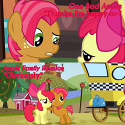Size: 3072x3072 | Tagged: safe, edit, edited screencap, editor:itsmgh1203, screencap, apple bloom, babs seed, earth pony, pony, apple family reunion, g4, one bad apple, season 3, apple bloom's bow, bow, duo, duo female, female, filly, foal, hair bow, high res, hug, open mouth, smiling, taxi, text