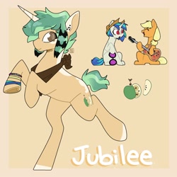 Size: 2000x2000 | Tagged: safe, artist:orionofthestars, applejack, dj pon-3, vinyl scratch, oc, oc:jubilee, earth pony, pony, unicorn, g4, applejack's hat, bandana, body markings, bracelet, brown eyes, closed mouth, colored ears, colored hooves, colored horn, cowboy hat, ear piercing, earring, eyes closed, facial markings, female, guitar, hat, high res, horn, jewelry, lesbian, looking at you, magical lesbian spawn, male, mare, musical instrument, neckerchief, offspring, open mouth, orange background, parent:applejack, parent:vinyl scratch, parents:vinyljack, piercing, playing guitar, red eyes, scene hair, shipping, simple background, singing, sitting, standing, standing on one leg, trio, unicorn oc, vinyljack